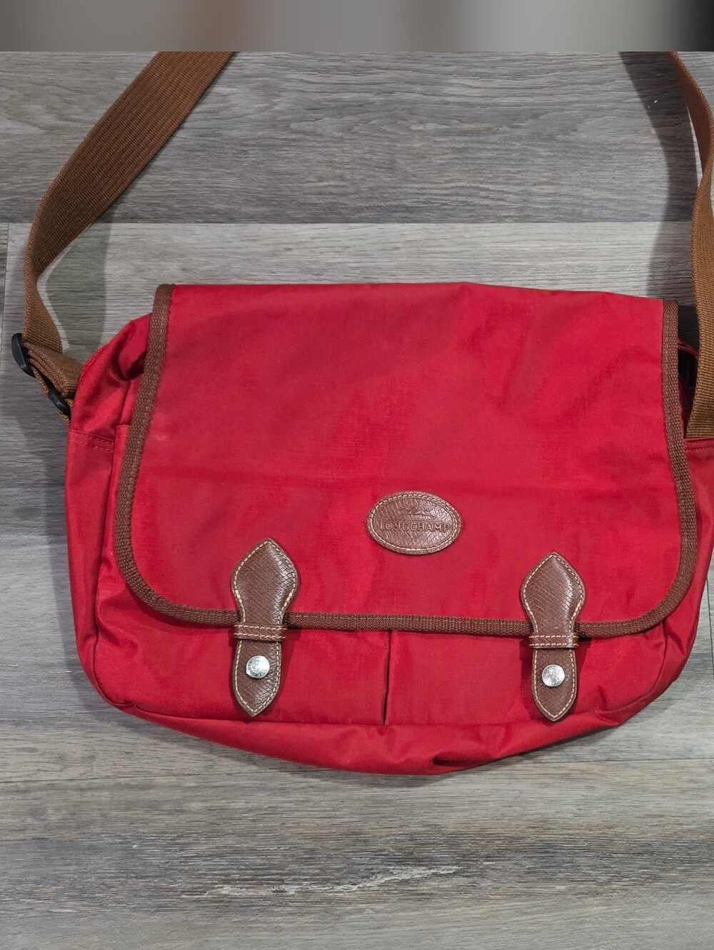 Longchamp Red Messenger Bag with Brown Trim